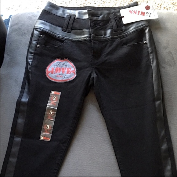 Black Skinny Jeans With Pleather Stripes - Picture 1 of 10